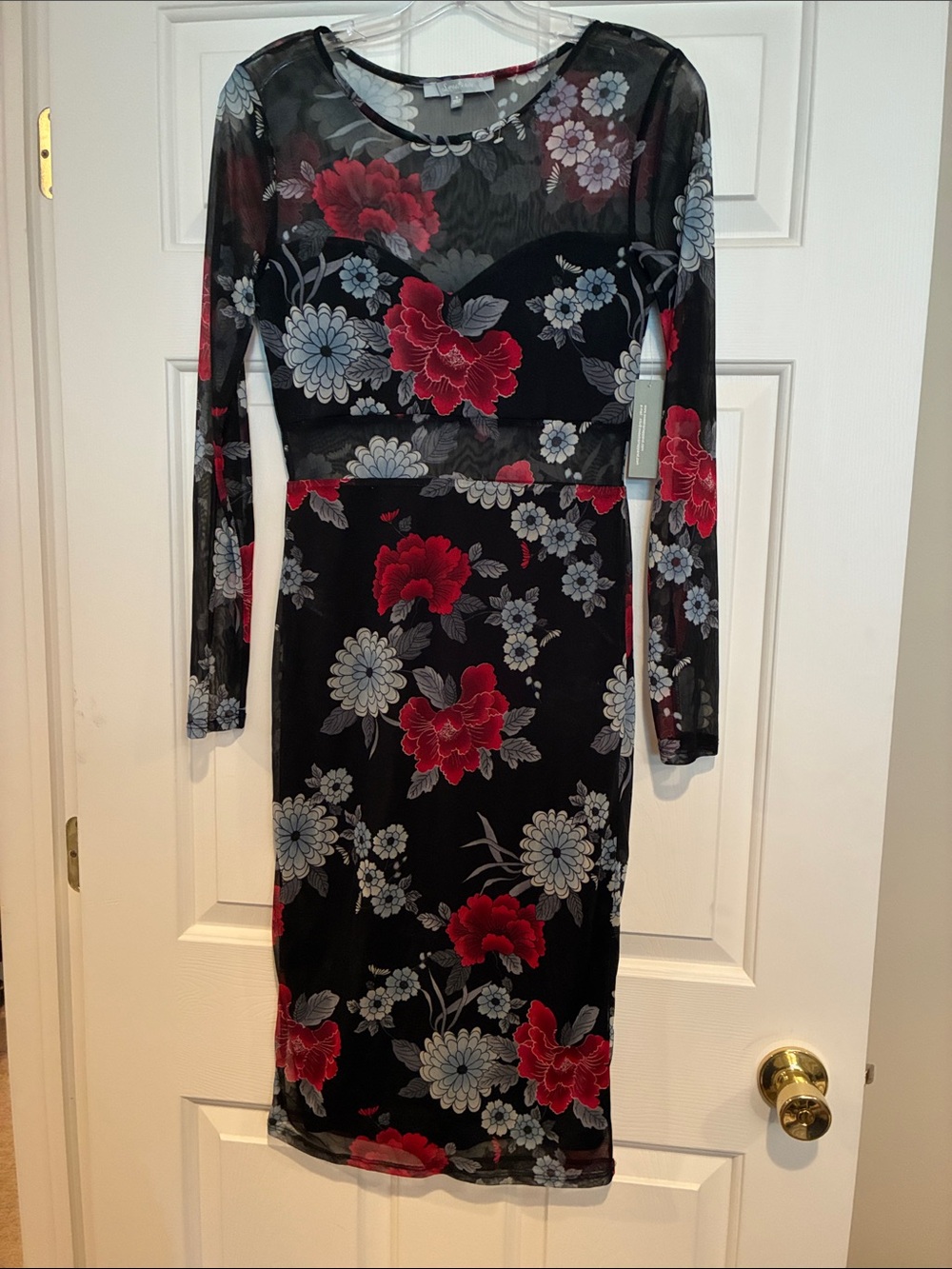 Sweet Rain Black Mesh Midi Dress with Red & Gray Floral Print NWT S